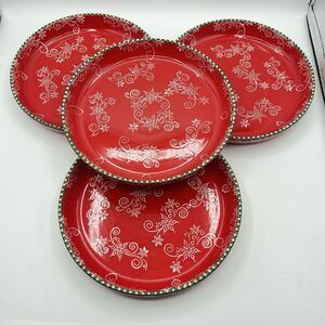 Temp-Tations 8 “ Red Poinsetta Salad Plates With Ruffled Edge - Set Of 4
